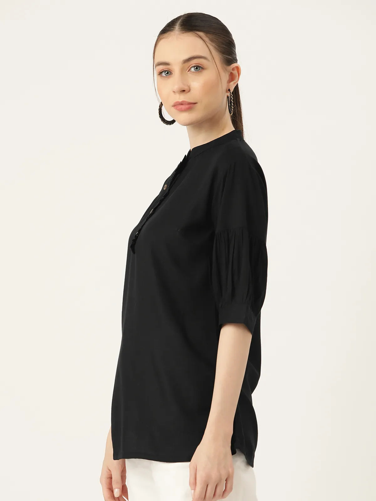 Black Rayon Collar Regular Fit Tops & Tunics For Women