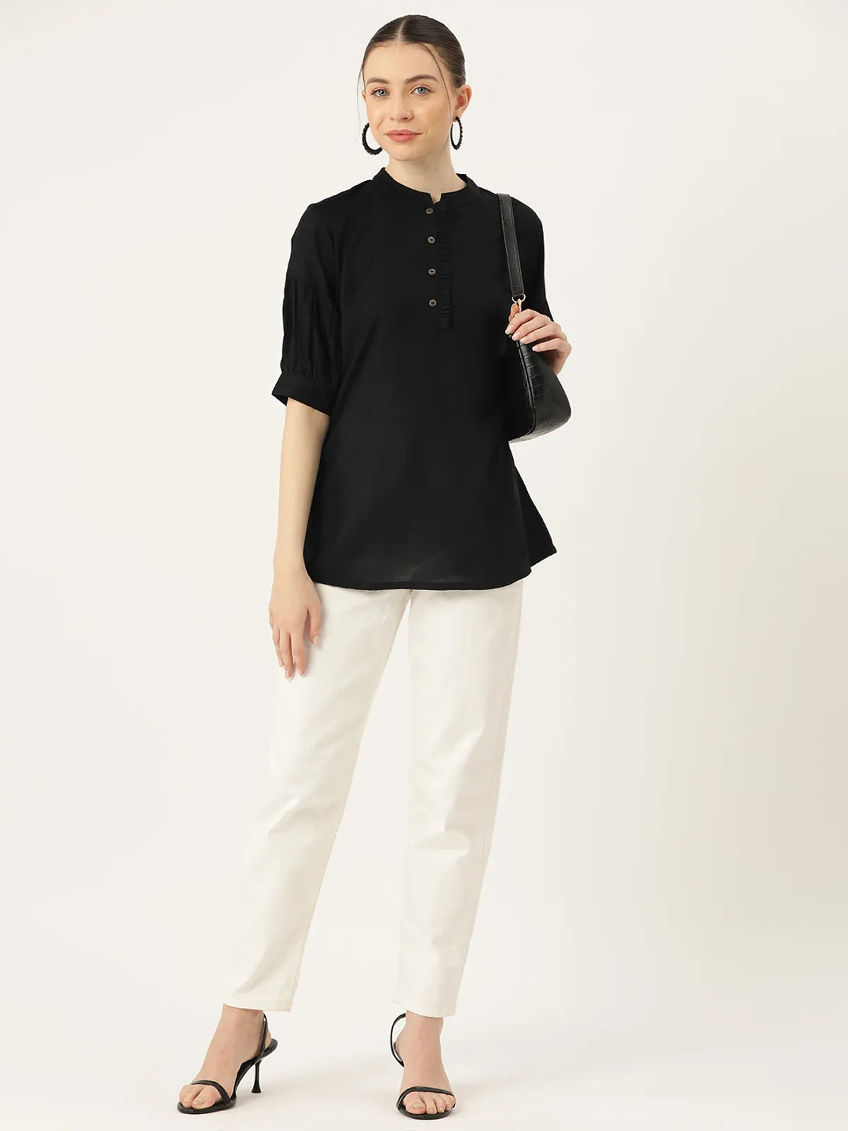 Black Rayon Collar Regular Fit Tops & Tunics For Women