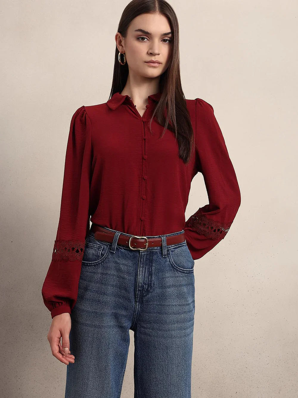 DARK RED LACE DETAIL SHIRT