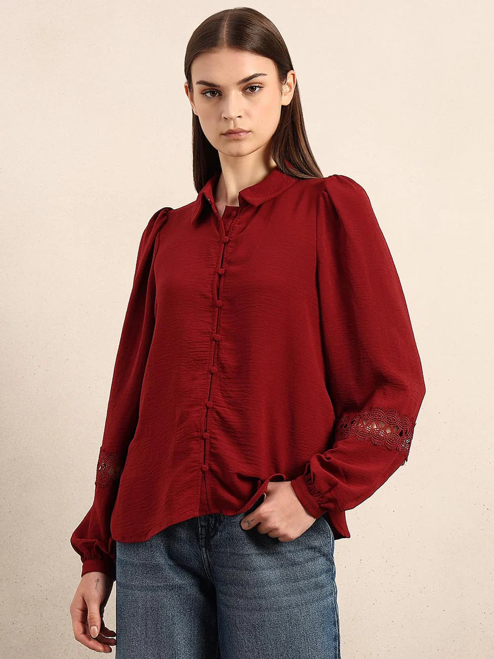 DARK RED LACE DETAIL SHIRT