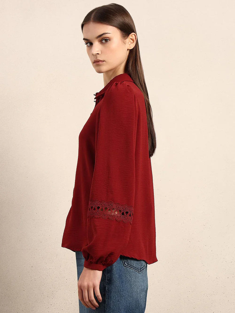 DARK RED LACE DETAIL SHIRT