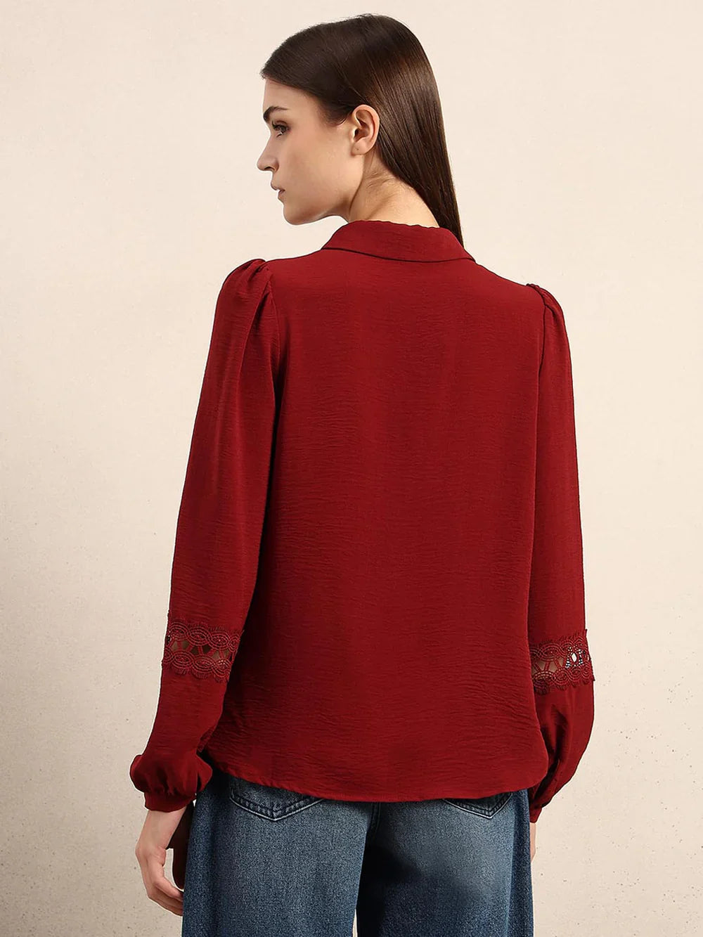 DARK RED LACE DETAIL SHIRT