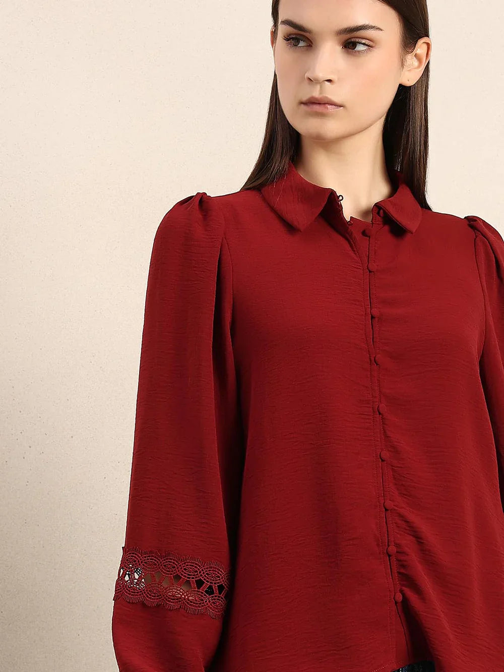 DARK RED LACE DETAIL SHIRT